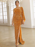 High Slit Draped Gold Sequin One-Sleeve Party Dress