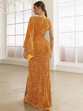 High Slit Draped Gold Sequin One-Sleeve Party Dress