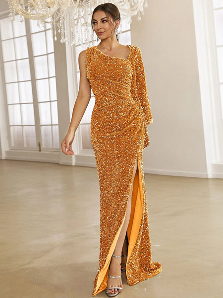 High Slit Draped Gold Sequin One-Sleeve Party Dress