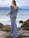 Puffy Sleeves Deep V-Neck Bow Back  Sequin Party Dress