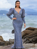 Puffy Sleeves Deep V-Neck Bow Back  Sequin Party Dress
