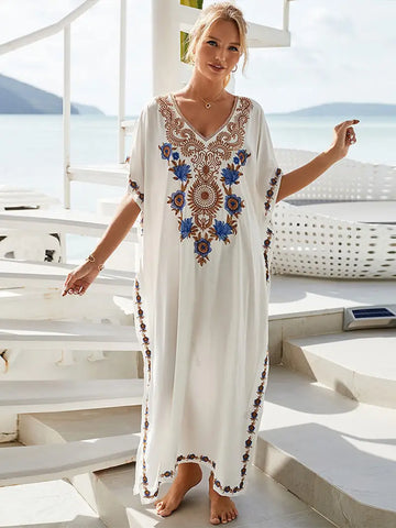 White Floral Summer V Neck Long Maxi Dress