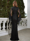 Cape Sleeves High Neckline Black Sequin Party Dress
