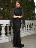Cape Sleeves High Neckline Black Sequin Party Dress