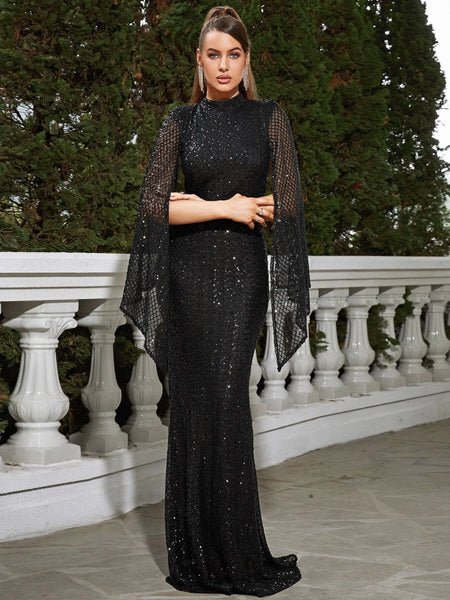 Cape Sleeves High Neckline Black Sequin Party Dress