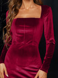 Long Sleeves Burgundy Velvet Bodycon Dress