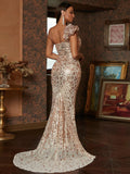 One-Shoulder Champagne Sequin Evening Dress