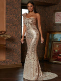 One-Shoulder Champagne Sequin Evening Dress