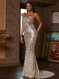 One-Shoulder Champagne Sequin Evening Dress