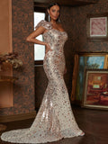 One-Shoulder Champagne Sequin Evening Dress