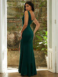 V-Neck Dramatic Slit Deep Green Dress
