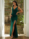 V-Neck Dramatic Slit Deep Green Dress