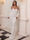 White Off-Shoulder Sequin Embellishments Long Sleeves Party Dress