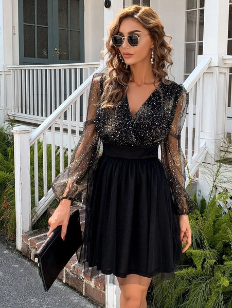 Shimmering Mesh Sleeves Black Mini Dress