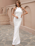 High Neckline Cold-Shoulder White Beaded Drapes Gown