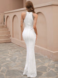 High Neckline Cold-Shoulder White Beaded Drapes Gown