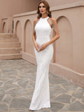 High Neckline Cold-Shoulder White Beaded Drapes Gown