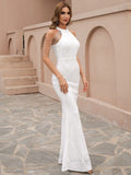 High Neckline Cold-Shoulder White Beaded Drapes Gown