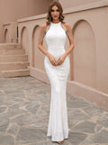 High Neckline Cold-Shoulder White Beaded Drapes Gown