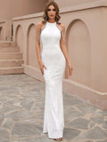 High Neckline Cold-Shoulder White Beaded Drapes Gown