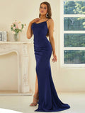 Spaghetti Straps Navy Blue High-Slit Evening Dress