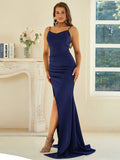 Spaghetti Straps Navy Blue High-Slit Evening Dress