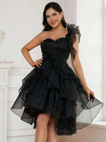 One-Shoulder Tulle Black Ruffles Short Mini Party Dress