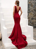 Plunging Neckline Deep Red Mermaid Party Dress