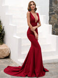 Plunging Neckline Deep Red Mermaid Party Dress