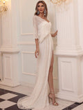 High Slit One-Shoulder White Sequins Party Dress