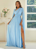 Unique Shoulder Drape Sky Blue Draped Evening Dress