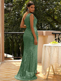 One-Shoulder Green Sequin Party Dress with High Slit