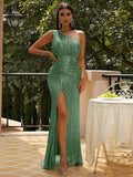 One-Shoulder Green Sequin Party Dress with High Slit
