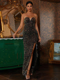 Sparkle High Slit Strapless Black Sequin Dress