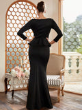 Long Sleeves Fitted Silhouette Black Peplum Party Dress