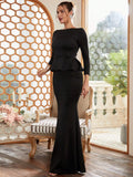Long Sleeves Fitted Silhouette Black Peplum Party Dress