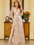 Long Sleeves Satin Belt Champagne Sequin Dress