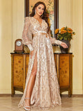 Long Sleeves Satin Belt Champagne Sequin Dress