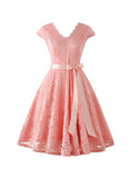 Women's Short Vintage Floral Lace Dress V-Neck Cap Sleeve Belt Bridesmaid Party Cocktail Dress Homecoming Dress