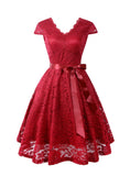 Women's Short Vintage Floral Lace Dress V-Neck Cap Sleeve Belt Bridesmaid Party Cocktail Dress Homecoming Dress