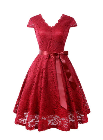 Women's Short Vintage Floral Lace Dress V-Neck Cap Sleeve Belt Bridesmaid Party Cocktail Dress Homecoming Dress