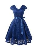 Women's Short Vintage Floral Lace Dress V-Neck Cap Sleeve Belt Bridesmaid Party Cocktail Dress Homecoming Dress
