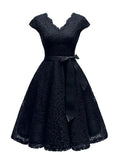 Women's Short Vintage Floral Lace Dress V-Neck Cap Sleeve Belt Bridesmaid Party Cocktail Dress Homecoming Dress