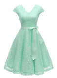 Women's Short Vintage Floral Lace Dress V-Neck Cap Sleeve Belt Bridesmaid Party Cocktail Dress Homecoming Dress