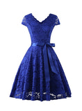 Women's Short Vintage Floral Lace Dress V-Neck Cap Sleeve Belt Bridesmaid Party Cocktail Dress Homecoming Dress