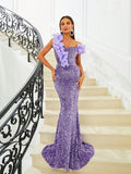Floral Embellishments Stunning Lavender Sequin Party Dress