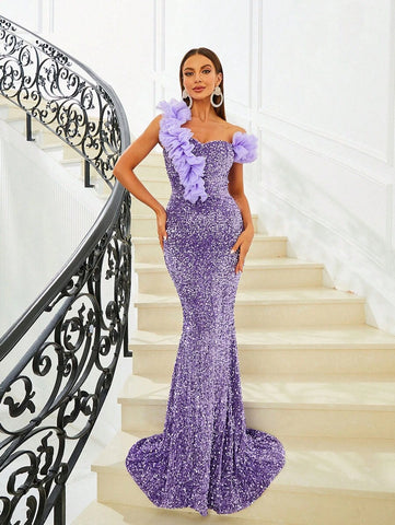 Floral Embellishments Stunning Lavender Sequin Party Dress