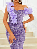 Floral Embellishments Stunning Lavender Sequin Party Dress