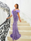 Floral Embellishments Stunning Lavender Sequin Party Dress