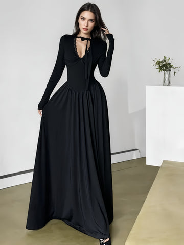 Lace Tie Neck Long Black Maxi Dress